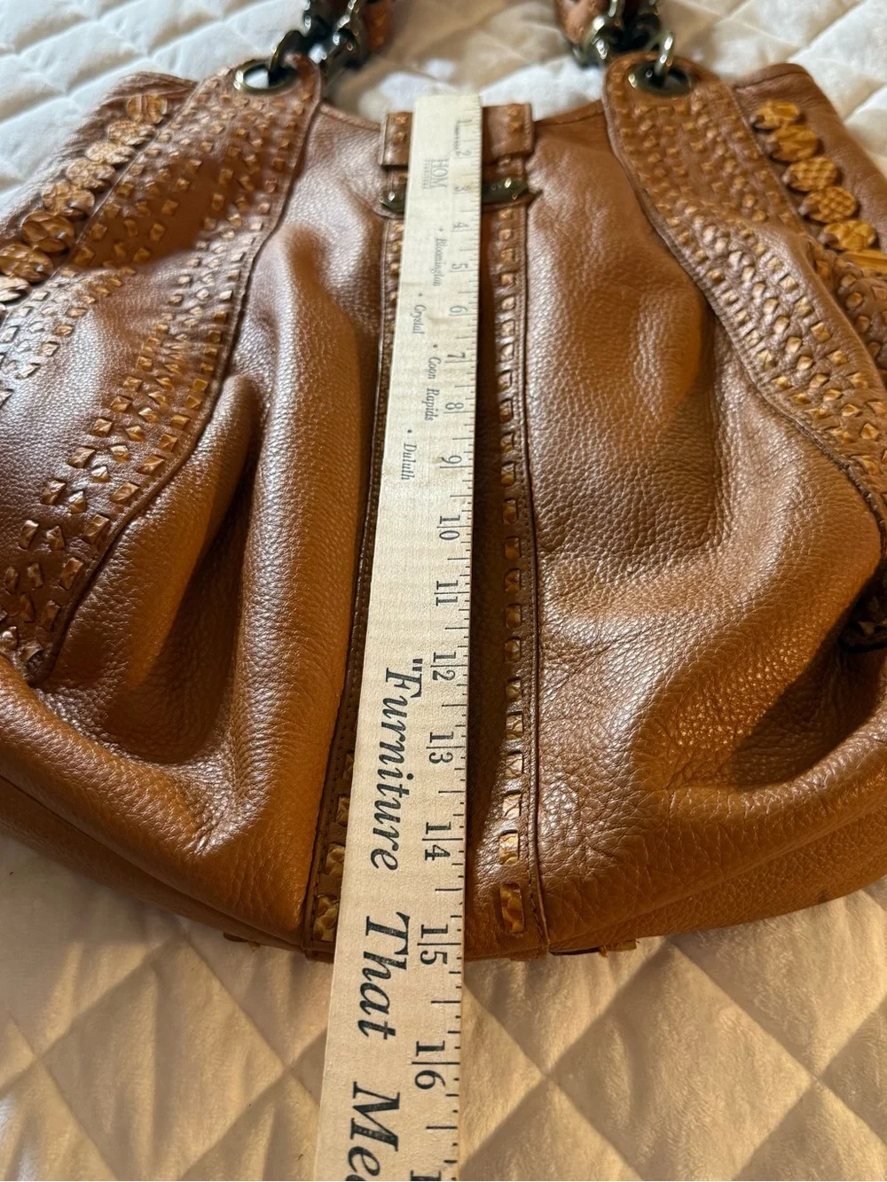 Isabella Fiore Vintage Cognac Brown Leather Whipstitch Applique Hobo Bag